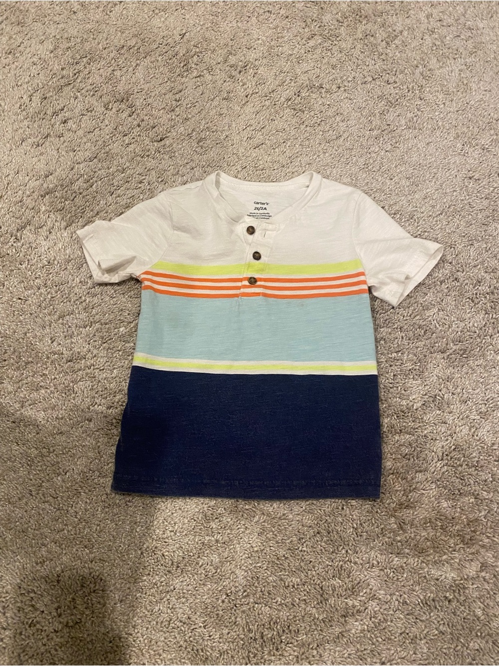 Carter's White Short Sleeve Henley with Bright Stripes and Navy Block